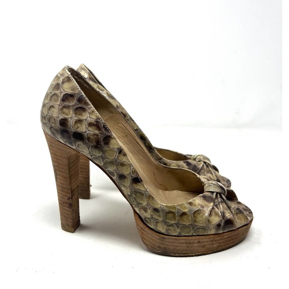 Stuart Weitzman Snake Skin Python Pattern Peep Toe Platform Pumps Brown Size 6M - Picture 3 of 10